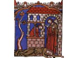 The concubine collapsed at dawn and died across her host`s threshold - picture from a medieval book of Old Testament scenes, c.AD 1250